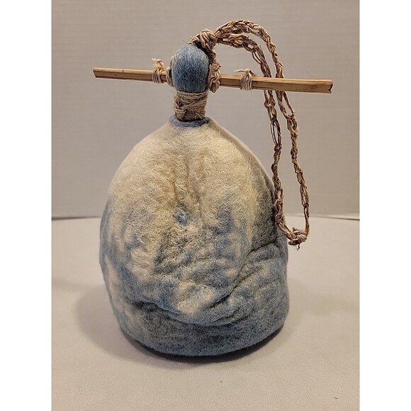 Felted Wool Bird House Nest Handmade Fiber Art Artist Wood Hanger Blue White - Picture 3 of 14